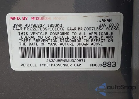 2010 Mitsubishi Lancer Gts из США, поврежденный, VIN JA32U8FW9AU022871